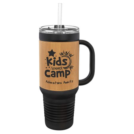 Polar Camel 40 oz. Black with Bamboo Laserable Leatherette Travel Mug with a Handle & Straw