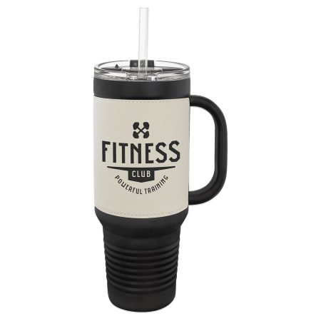 Polar Camel 40 oz. Black with White Laserable Leatherette Travel Mug with  a Handle & Straw