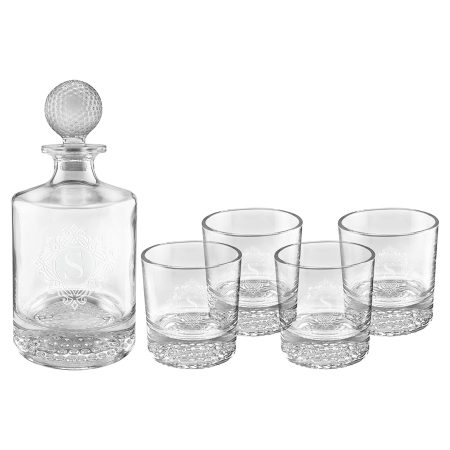 Polar Camel 850mL Round Golf Glass Decanter Set with Four 9 oz. Golf Rocks Glasses in Black Gift Box with Printed Paper Sleeve