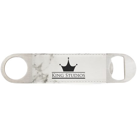 1 1/2" x 7" White Marble Laserable Leatherette Bottle Opener
