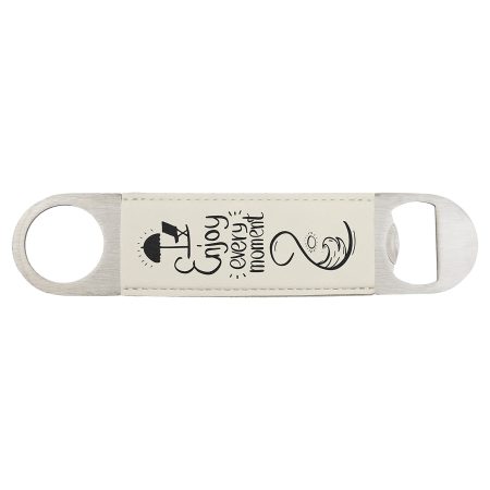 1 1/2" x 7" White/Black Laserable Leatherette Bottle Opener