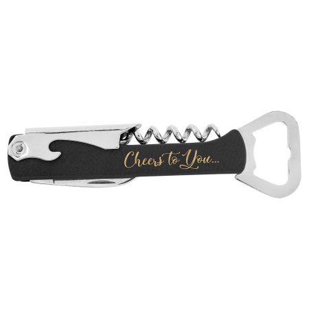Black/Gold Laserable Leatherette Wine Bottle Opener