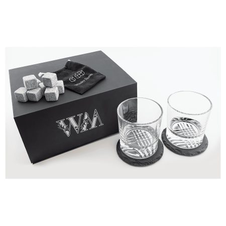 Lazerburst Whiskey Set with Two 9 oz. Glasses, Two 4" Slate Coasters, and Eight Granite Whiskey Stones with Black Velvet Bag