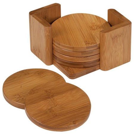 3 3/4" Bamboo Round 6-Coaster Set with Holder
