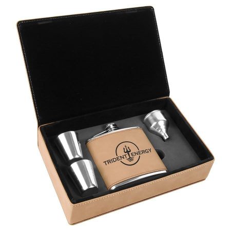 6 oz. Light Brown Laserable Leatherette Flask Gift Set