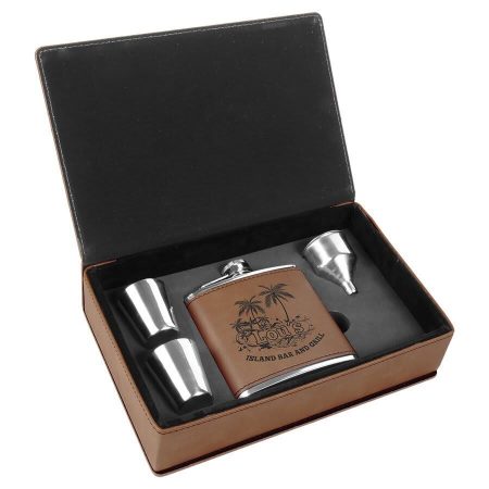6 oz. Dark Brown Laserable Leatherette Flask Gift Set