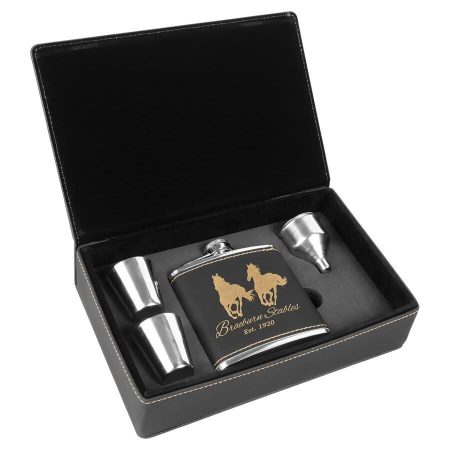 6 oz. Black/Gold Laserable Leatherette Flask Gift Set