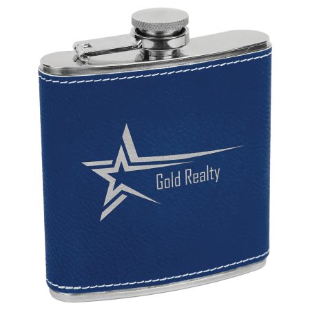 6 oz. Blue/Silver Laserable Leatherette Stainless Steel Flask