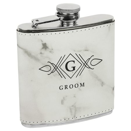 6 oz.White Marble Laserable Leatherette Stainless Steel Flask