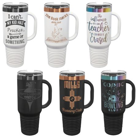 Polar Camel 40 oz. Travel Mug with Handle, Straw Included Ion Plated Sample Set. (Black & White Ghost Black, Rose Gold, Prism)