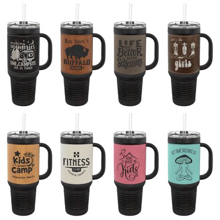 Polar Camel 40 oz. Black with  Laserable Leatherette Travel Mug with a Straw Sample Set